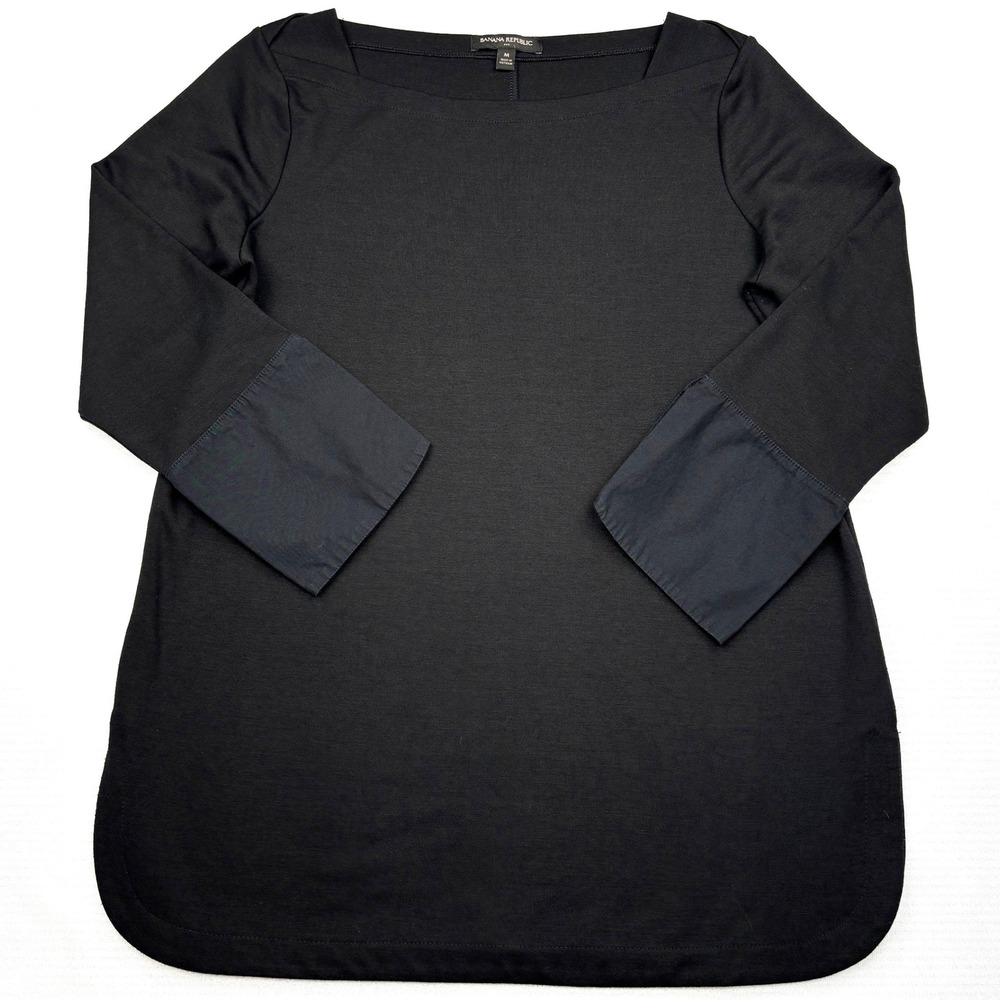 Banana Republic Womens Medium Black Ponte Boatneck Flare Cuff Tunic Top Blouse